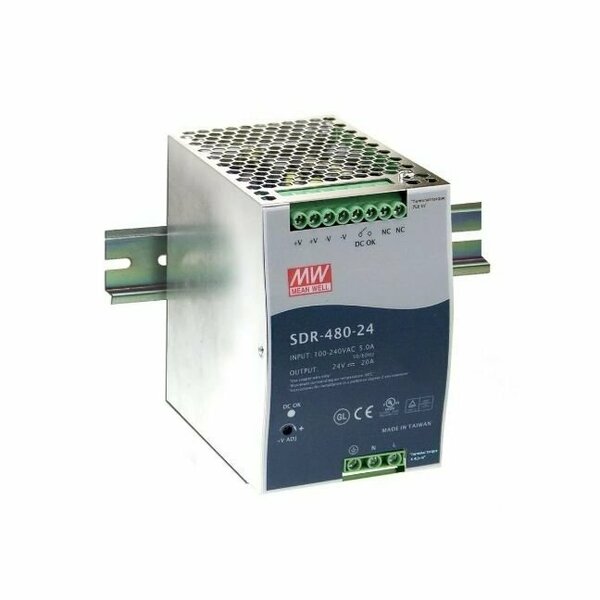 Icomtech AC-DC Industrial DIN rail power supply; Output 24Vdc at 20A; Metal casing SDR-480P-24